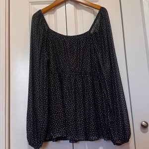 Black Polka Dot Smocked Mesh Top Square Neck Balloon Sleeve Plus Size 2X